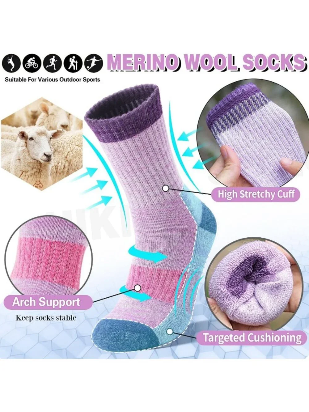 Cozy Merino Wool Hiking Socks - Thermal, Cushioned, Moisture-Wicking, 5 Pairs